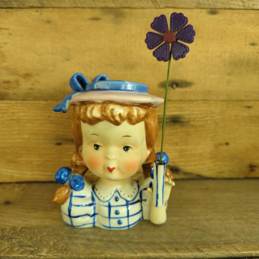 Vintage 1950s Napco Head Vase Girl With NO Umbrella / Blue / Pigtails / Planter